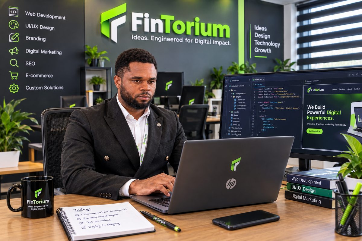 FinTorium professional working on a laptop in the branded FinTorium office